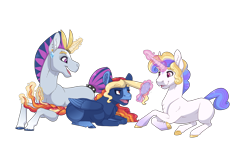 Size: 3400x2000 | Tagged: safe, artist:jackiebloom, imported from derpibooru, oc, oc only, oc:diletto, oc:felicity, oc:fire aurora, pony, unicorn, colored hooves, comb, ear piercing, female, horn ring, magic, magic aura, male, mare, offspring, parent:princess cadance, parent:shining armor, parents:shiningcadance, piercing, realistic horse legs, simple background, stallion, telekinesis, transparent background