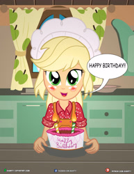 Size: 3090x4000 | Tagged: safe, artist:dieart77, imported from derpibooru, applejack, equestria girls, blushing, cake, candle, dessert, dialogue, female, fire, food, happy birthday, hat, kitchen, looking at you, open mouth, solo, speech bubble