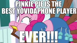 Size: 1280x720 | Tagged: safe, edit, edited screencap, imported from derpibooru, screencap, pinkie pie, yakity-sax, blatant lies, excessive exclamation marks, image macro, lies, meme, text, yovidaphone