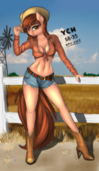 Size: 1000x1723 | Tagged: safe, artist:lightly-san, deleted from derpibooru, imported from derpibooru, oc, oc only, anthro, earth pony, plantigrade anthro, advertisement, boots, clothes, female, field, hat, high heel boots, shoes, shorts, solo, ych example, your character here