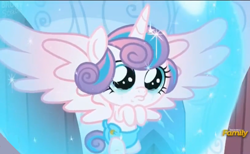 Size: 868x536 | Tagged: safe, imported from derpibooru, screencap, princess flurry heart, pony, the crystalling, about to cry, baby, baby alicorn, baby flurry heart, baby pony, blue diaper, cloth diaper, crying, cute, daaaaaaaaaaaw, dawwww, diaper, large wings, magic bubble, sad, sad eyes, safety pin, spread wings, teary eyes, this will end in pain, weapons-grade cute, wings