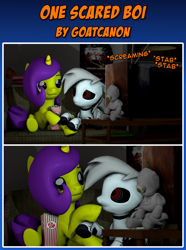 Size: 4000x5378 | Tagged: safe, artist:goatcanon, imported from derpibooru, oc, oc only, oc:lemontwist, oc:servo, pony, robot, robot pony, unicorn, 2 panel comic, 3d, comic, couple, food, halloween, holiday, movie, movie poster, popcorn, scared, shaun of the dead, source filmmaker, television