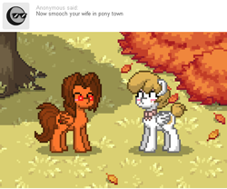 Size: 540x450 | Tagged: safe, artist:aha-mccoy, imported from derpibooru, oc, oc only, oc:aha mclovin, oc:heather sweet feathers, pegasus, pony, nopony-ask-mclovin, pony town, ask, autumn, autumn leaves, blushing, eyes closed, female, glasses, husband and wife, kissy face, leaf pile, leaves, male, mare, oc x oc, pixel art, shipping, stallion, straight, tree, tumblr