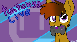 Size: 1980x1080 | Tagged: safe, artist:nootaz, imported from derpibooru, oc, oc only, oc:twitchyylive, earth pony, pony, commission, controller, male, text, wallpaper