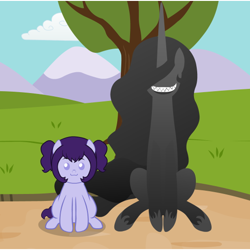 Size: 540x540 | Tagged: safe, artist:aha-mccoy, imported from derpibooru, oc, oc only, oc:anonlestia, oc:buggy, original species, nopony-ask-mclovin, description is relevant, evil grin, female, filly, grin, mother and daughter, offspring, parent:oc:anonlestia, parent:oc:glitch, parents:oc x oc, sharp teeth, smiling, teeth