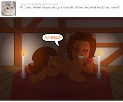 Size: 540x450 | Tagged: safe, artist:aha-mccoy, imported from derpibooru, oc, oc only, oc:aha mclovin, pegasus, pony, nopony-ask-mclovin, ask, bedroom eyes, candle, flower, flower in mouth, male, mouth hold, rose, rose in mouth, solo, stallion, tumblr