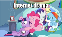 Size: 483x292 | Tagged: safe, edit, edited screencap, imported from derpibooru, screencap, applejack, fluttershy, pinkie pie, rainbow dash, rarity, tank, twilight sparkle, alicorn, pony, tanks for the memories, creepy smiling, crying, impact font, mane six, meme, rainbow dash's house, shitposting, twilight sparkle (alicorn)