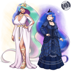 Size: 1925x1925 | Tagged: safe, artist:king-kakapo, artist:megasweet, imported from derpibooru, princess celestia, princess luna, human, belt, blue dress, breasts, busty princess celestia, busty princess luna, choker, cleavage, clothes, collaboration, colored, corset, crown, dress, duo, duo female, feet, female, frilly dress, height difference, human female, humanized, jewelry, light skin, lipstick, looking at each other, moderate dark skin, nail polish, regalia, sandals, simple background, toenail polish, toes, white dress