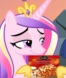 Size: 914x1080 | Tagged: safe, edit, edited screencap, imported from derpibooru, screencap, princess cadance, pony, three's a crowd, cropped, female, food, holding, lasagna, meat, meme, pasta, ponies eating meat, smiling, smirk, smug, solo