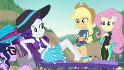 Size: 1920x1080 | Tagged: safe, imported from derpibooru, screencap, applejack, fluttershy, rarity, sci-twi, twilight sparkle, equestria girls, equestria girls series, forgotten friendship, applejack's hat, beach chair, captain hat, chair, clothes, cowboy hat, feet, female, flip-flops, fluttershy's wetsuit, geode of fauna, geode of shielding, geode of super strength, geode of telekinesis, hat, magical geodes, rarity's blue sarong, rarity's purple bikini, sandals, sarong, sun hat, swimsuit, wetsuit