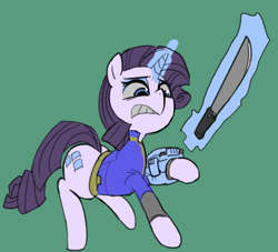 Size: 1100x1000 | Tagged: safe, artist:baigak, imported from derpibooru, rarity, pony, unicorn, clothes, crossover, cutie mark, fallout, female, glowing horn, green background, hooves, horn, jumpsuit, levitation, machete, magic, mare, pipbuck, simple background, solo, telekinesis, vault suit, weapon