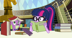 Size: 1392x746 | Tagged: safe, imported from derpibooru, screencap, sci-twi, spike, spike the regular dog, twilight sparkle, dog, equestria girls, equestria girls series, forgotten friendship, book, cropped, duo, library