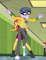 Size: 831x1079 | Tagged: safe, imported from derpibooru, screencap, microchips, nolan north, sunset shimmer, equestria girls, equestria girls series, forgotten friendship, background human, boots, clothes, converse, cropped, female, glasses, male, pants, running, scared, shoes, skirt, sneakers