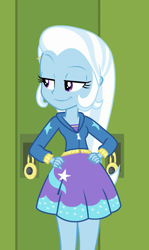 Size: 544x911 | Tagged: safe, imported from derpibooru, screencap, trixie, equestria girls, equestria girls series, forgotten friendship, canterlot high, clothes, cropped, cute, diatrixes, female, hallway, hand on hip, hoodie, lidded eyes, lockers, mirrored, raised eyebrow, skirt, solo