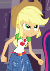 Size: 757x1079 | Tagged: safe, imported from derpibooru, screencap, applejack, equestria girls, equestria girls series, forgotten friendship, belt, clothes, confident, cowboy hat, cropped, denim skirt, female, freckles, geode of super strength, hat, magical geodes, skirt, stetson