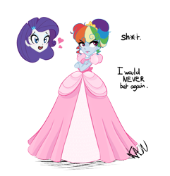 Size: 627x650 | Tagged: safe, artist:khaon, imported from derpibooru, rainbow dash, rarity, equestria girls, alternate hairstyle, bet, censored vulgarity, clothes, crossed arms, dress, heart, jewelry, pink dress, rainbow dash always dresses in style, speech bubble, tiara, vulgar