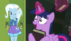 Size: 1540x890 | Tagged: safe, imported from derpibooru, trixie, twilight sparkle, alicorn, equestria girls, equestria girls series, forgotten friendship, book, cropped, cute, diatrixes, female, lesbian, levitation, magic, one eye closed, shipping, shipping domino, telekinesis, twilight sparkle (alicorn), twixie, wink