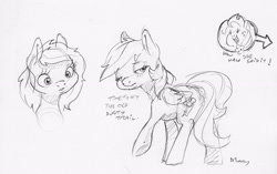 Size: 2285x1432 | Tagged: safe, artist:dilarus, deleted from derpibooru, imported from derpibooru, applejack, rainbow dash, earth pony, pegasus, pony, alternate hairstyle, dialogue, female, mare, monochrome, simple background, traditional art, white background