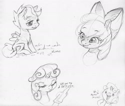 Size: 2388x2018 | Tagged: safe, artist:dilarus, deleted from derpibooru, imported from derpibooru, apple bloom, scootaloo, sweetie belle, earth pony, pegasus, pony, unicorn, bow, dialogue, grayscale, hair bow, monochrome, pencil drawing, simple background, traditional art, vulgar, white background