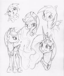 Size: 2361x2787 | Tagged: safe, artist:dilarus, deleted from derpibooru, imported from derpibooru, applejack, derpy hooves, princess celestia, princess luna, alicorn, earth pony, pegasus, pony, cowboy hat, female, freckles, grayscale, hat, jewelry, mare, monochrome, pencil drawing, question mark, regalia, simple background, traditional art, white background