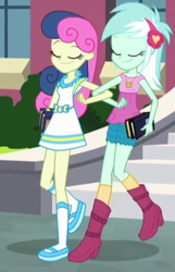 Size: 366x570 | Tagged: safe, imported from derpibooru, screencap, bon bon, lyra heartstrings, sweetie drops, all's fair in love and friendship games, equestria girls, friendship games, best friends, book, eyes closed, female, linked arms, shipping fuel, smiling, walking