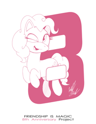 Size: 1086x1400 | Tagged: safe, artist:fuzon-s, imported from derpibooru, part of a set, pinkie pie, earth pony, pony, anniversary, cute, diapinkes, female, happy, happy birthday mlp:fim, jumping, mare, mlp fim's eighth anniversary, monochrome, one eye closed, pony channel, sketch, solo, style emulation, wink, yuji uekawa style