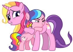 Size: 1100x788 | Tagged: dead source, safe, artist:awoomarblesoda, imported from derpibooru, rainbow flash, rainbow harmony, pegasus, pony, unicorn, duo, duo female, female, filly, foal, headcanon, hug, mare, rainbow hair, siblings, simple background, sisters, transparent background