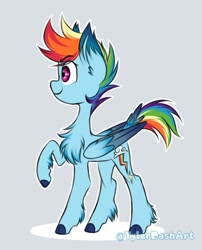 Size: 707x876 | Tagged: safe, artist:tylerdashart, imported from derpibooru, rainbow dash, pegasus, pony, chest fluff, colored hooves, colored wings, ear fluff, female, mare, raised hoof, raised tail, redesign, simple background, smiling, solo, tail, unshorn fetlocks, white background