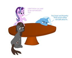 Size: 5192x4153 | Tagged: safe, artist:digitalseapony, derpibooru exclusive, imported from derpibooru, starlight glimmer, trixie, oc, oc:sonata, pony, unicorn, absurd resolution, beginner artist, dialogue, female, mare, raised hoof, simple background, sitting, smug, smuglight glimmer, table, trio, trio female, turnabout storm, white background