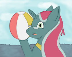 Size: 1024x822 | Tagged: safe, artist:robipony, imported from derpibooru, oc, oc:roseate grimsbane, pony, unicorn, beach, beach ball