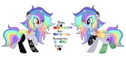 Size: 1024x468 | Tagged: safe, artist:mintoria, artist:space--paws0w0, imported from derpibooru, oc, oc only, oc:pastel chole, alicorn, pony, alicorn oc, bandana, boots, female, freckles, heterochromia, mare, markings, rainbow hair, reference sheet, scene kid, shoes, simple background, solo, tattoo, transparent background