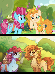 Size: 2986x3996 | Tagged: safe, artist:marbola, imported from derpibooru, cup cake, pear butter, earth pony, pony, the perfect pear, best friends, blushing, cake, chest fluff, chiffon swirl, female, flower, flower in hair, food, friends, mare, scene interpretation, smiling