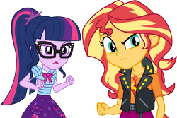 Size: 4492x3000 | Tagged: safe, artist:cloudy glow, artist:cloudyglow, imported from derpibooru, sci-twi, sunset shimmer, twilight sparkle, equestria girls, equestria girls series, rollercoaster of friendship, bowtie, clothes, duo, female, geode of empathy, geode of telekinesis, glasses, jacket, magical geodes, ponytail, serious, serious face, simple background, skirt, suspicious, transparent background, vector