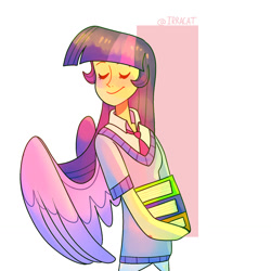 Size: 1280x1280 | Tagged: safe, artist:1racat, imported from derpibooru, twilight sparkle, human, book, eyes closed, female, humanized, smiling, solo, winged humanization, wings