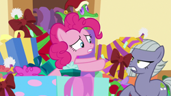 Size: 1280x720 | Tagged: safe, imported from derpibooru, screencap, gummy, limestone pie, pinkie pie, earth pony, pony, best gift ever, duo, duo female, female, present, siblings, sisters