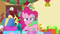 Size: 1280x720 | Tagged: safe, imported from derpibooru, screencap, gummy, pinkie pie, best gift ever, christmas, hat, holiday, present, santa hat