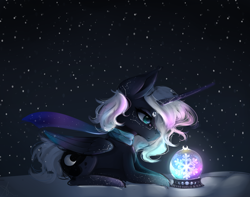 Size: 1900x1500 | Tagged: safe, artist:nutellaakanutella, imported from derpibooru, princess luna, alicorn, pony, alternate hair color, constellation, female, mare, snow, snow globe, snowflake, solo
