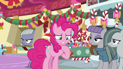 Size: 1280x720 | Tagged: safe, imported from derpibooru, screencap, limestone pie, marble pie, maud pie, pinkie pie, best gift ever, candy, candy cane, food