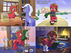 Size: 1602x1202 | Tagged: safe, artist:muffinshire, imported from derpibooru, oc, oc only, oc:pun, earth pony, pony, ask pun, ask, bits, book, clothes, coin, female, fireplace, mare, money, prone, scarf, snow