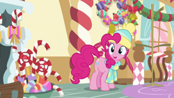 Size: 1280x720 | Tagged: safe, imported from derpibooru, screencap, pinkie pie, earth pony, pony, best gift ever, candy, candy cane, clothes, female, food, hat, mare, open mouth, scarf, solo