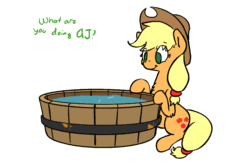 Size: 1080x720 | Tagged: safe, artist:yipsy, imported from derpibooru, applejack, earth pony, pony, animated, animated in description, caption, cute, daaaaaaaaaaaw, female, gif, gif with captions, jackabetes, mare, no pupils, pun, silly, silly pony, sitting, solo, tub, water, who's a silly pony