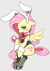 Size: 600x849 | Tagged: safe, artist:kabosu, imported from derpibooru, fluttershy, pegasus, pony, blushing, bowtie, bunny ears, clothes, female, fishnets, mare, solo, stockings, thigh highs