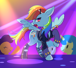 Size: 800x715 | Tagged: safe, artist:kabosu, imported from derpibooru, rainbow dash, pegasus, pony, background pony, clothes, female, jacket, leather jacket, mare, open mouth, piercing, punk, raised hoof, ripped stockings, solo focus, spotlight, stockings, thigh highs, torn clothes, wing piercing