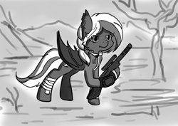 Size: 1024x724 | Tagged: safe, artist:ladycookie, imported from derpibooru, oc, oc only, oc:lilac mist, bat pony, pony, fallout equestria, bandage, bat pony oc, bat wings, clothes, fanfic, fanfic art, female, grayscale, gun, hooves, jumpsuit, mare, monochrome, optical sight, rifle, simple background, sniper rifle, solo, vault suit, weapon, wings