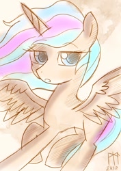 Size: 752x1063 | Tagged: safe, artist:ladycookie, imported from derpibooru, princess celestia, alicorn, pony, flying, looking at you, sepia, simple background