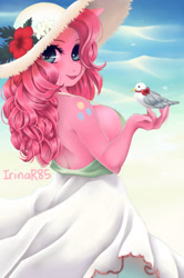 Size: 758x1143 | Tagged: safe, artist:irinar85, imported from derpibooru, pinkie pie, anthro, bird, earth pony, seagull, alternative cutie mark placement, beach, beautiful, breasts, busty pinkie pie, clothes, dress, female, hat, looking at you, looking back, looking back at you, mare, shoulder cutie mark, solo, sun hat