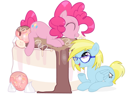 Size: 4681x3610 | Tagged: safe, artist:sattar_ych, imported from derpibooru, pinkie pie, oc, oc:cloud cuddler, pegasus, pony, cake, cutie mark, eyes closed, female, food, glasses, mouse cursor, one eye closed, open mouth, simple background, solo, teeth, white background, ych result