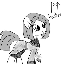 Size: 894x894 | Tagged: safe, artist:ladycookie, imported from derpibooru, oc, unnamed oc, earth pony, pony, armor, chainmail, grayscale, medieval, monochrome, short hair, tunic