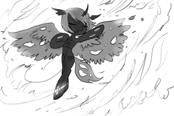 Size: 1024x683 | Tagged: safe, artist:ladycookie, imported from derpibooru, oc, oc:astroty, changeling, changeling oc, dancing, fire, flying, grayscale, monochrome, spinning, storm, wings