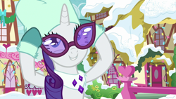 Size: 1280x720 | Tagged: safe, imported from derpibooru, screencap, rarity, pony, unicorn, best gift ever, clothes, female, gloves, looking up, mare, snow, solo, sunglasses, winter outfit